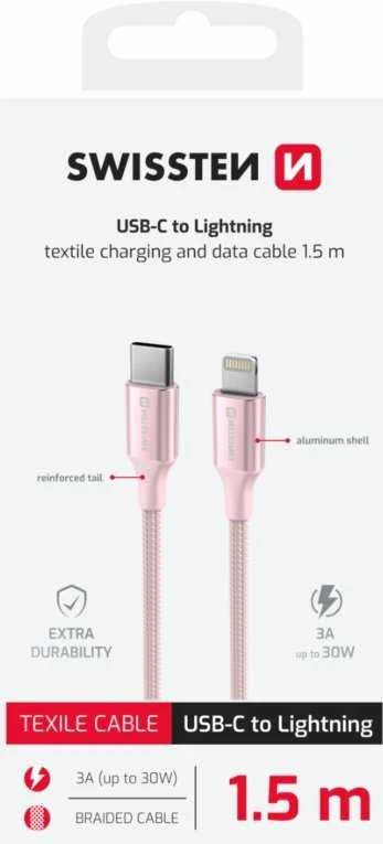 SWISSTEN TEXTILE II duomenų kabelis USB-C – žaibiškas 1,5 m rožinis