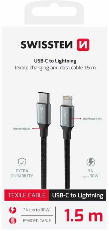 SWISSTEN TEXTILE II datový kabelis USB-C - Lightning 1.5m juoda