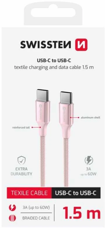 SWISSTEN TEXTILE II duomenų kabelis USB-C - USB-C 1,5 m rožinis