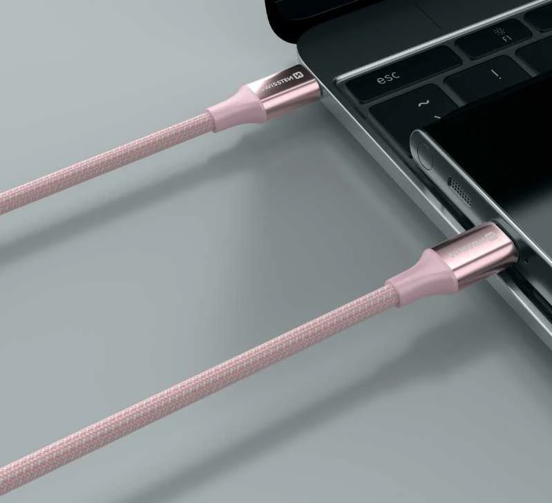 SWISSTEN TEXTILE II duomenų kabelis USB-C - USB-C 1,5 m rožinis