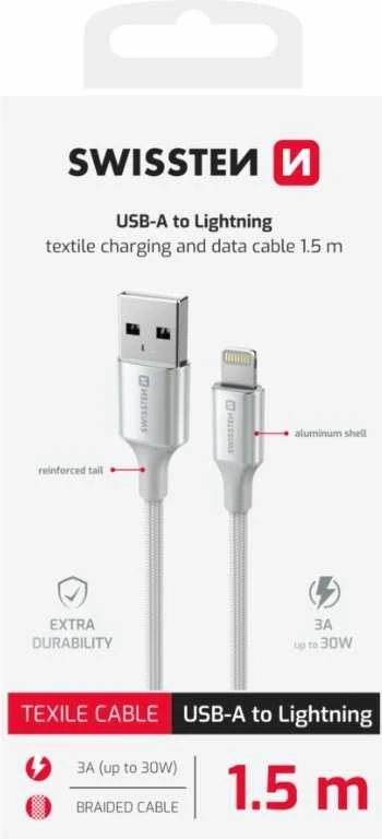 SWISSTEN TEXTILE II duomenų kabelis USB - Lightning 1,5m baltas