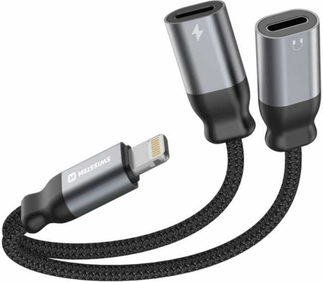 Swissten Textile Lightning Audio Charging Adapteris 2x Lightning 0.12m
