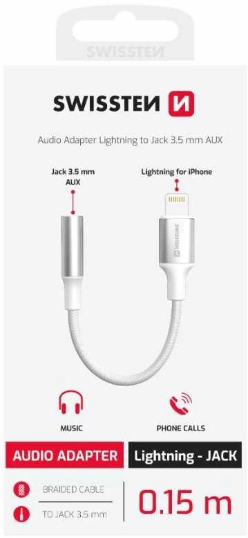 AV adapteris „Swissten“ tekstilinis „Lightning“ į 3,5 mm lizdą, 15 cm