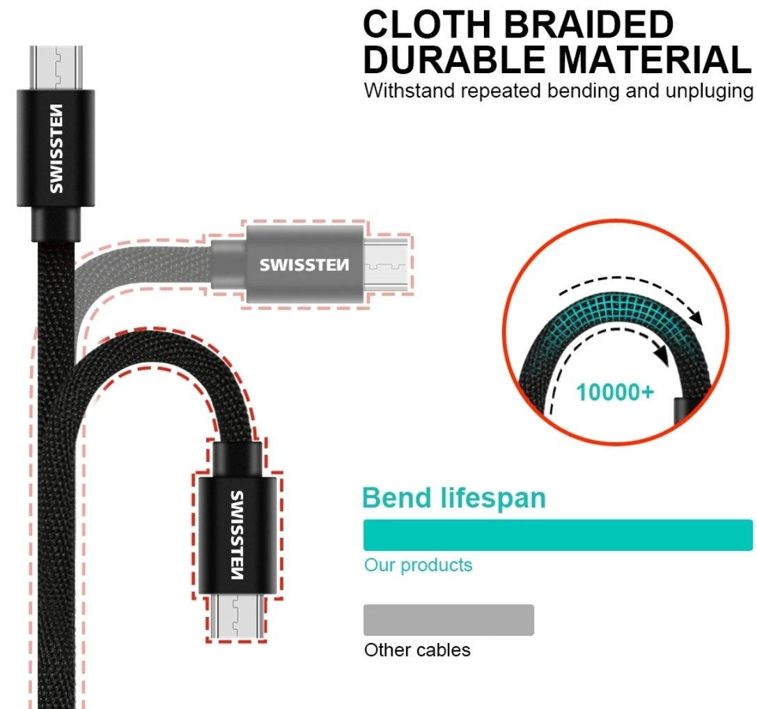Kabelis / paskendimas USB / Micro USB 1,2 M Swissten - juoda