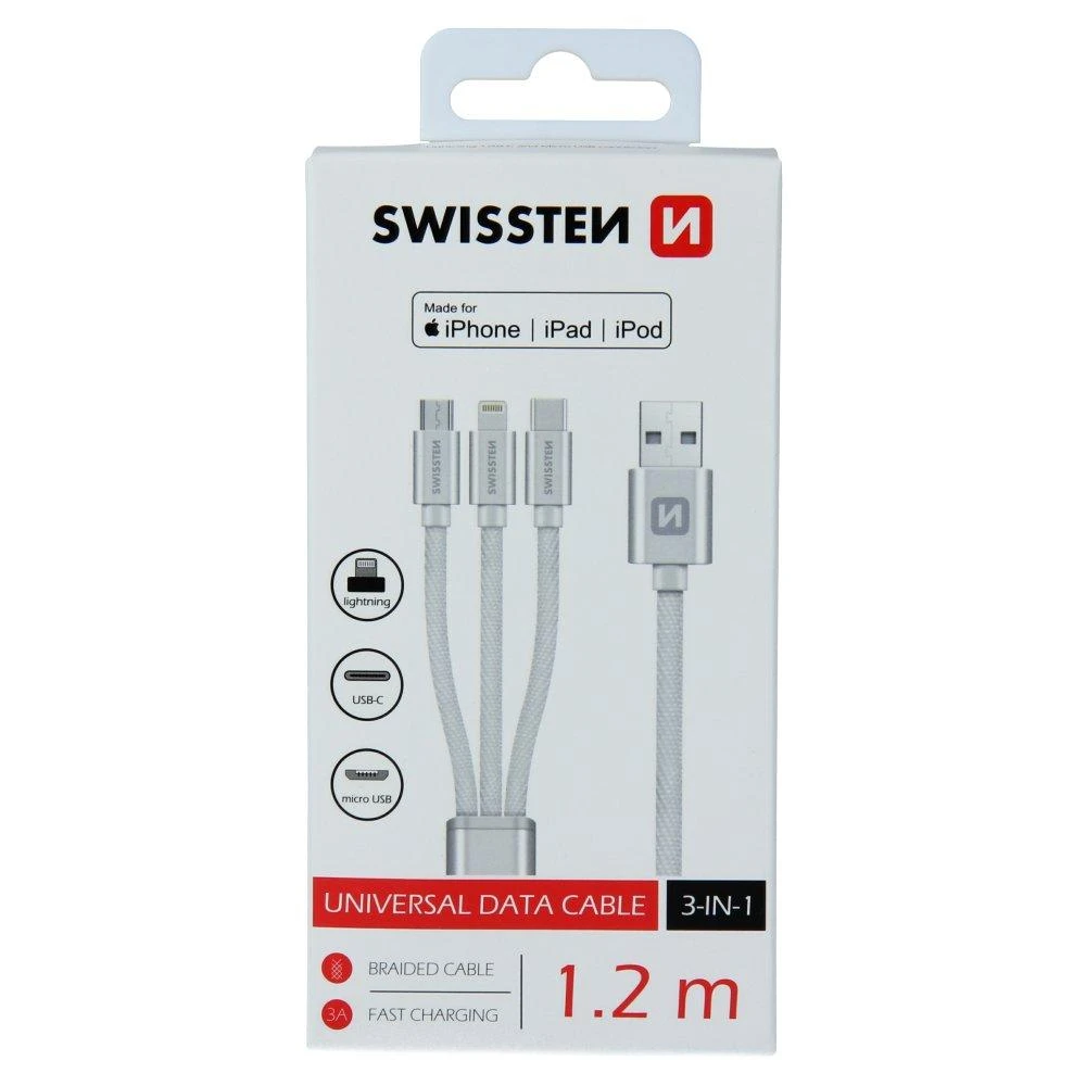 Swissten Textile Universal 3in1 USB-C / Lightning Data MFI / MircoUSB kabelis 1,2 m