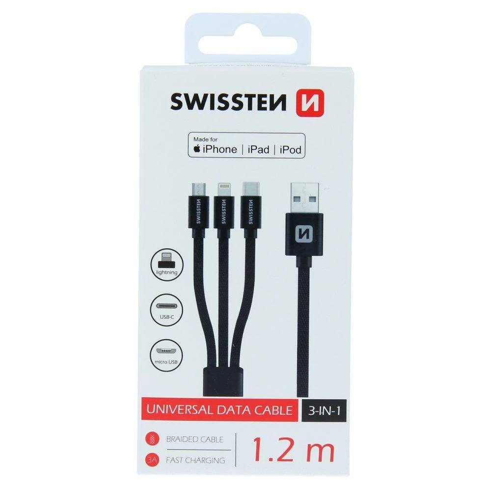 USB kabelis Swissten USB-A - USB-C + microUSB + Lightning 1.2 m Juodas (72501101)