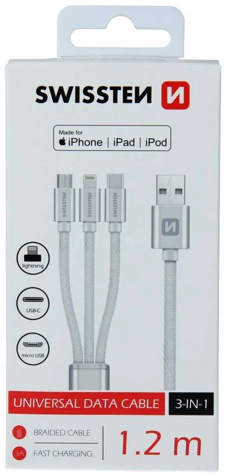 Swissten Textile Universal 3in1 USB-C / Lightning Data MFI / MircoUSB kabelis 1,2 m
