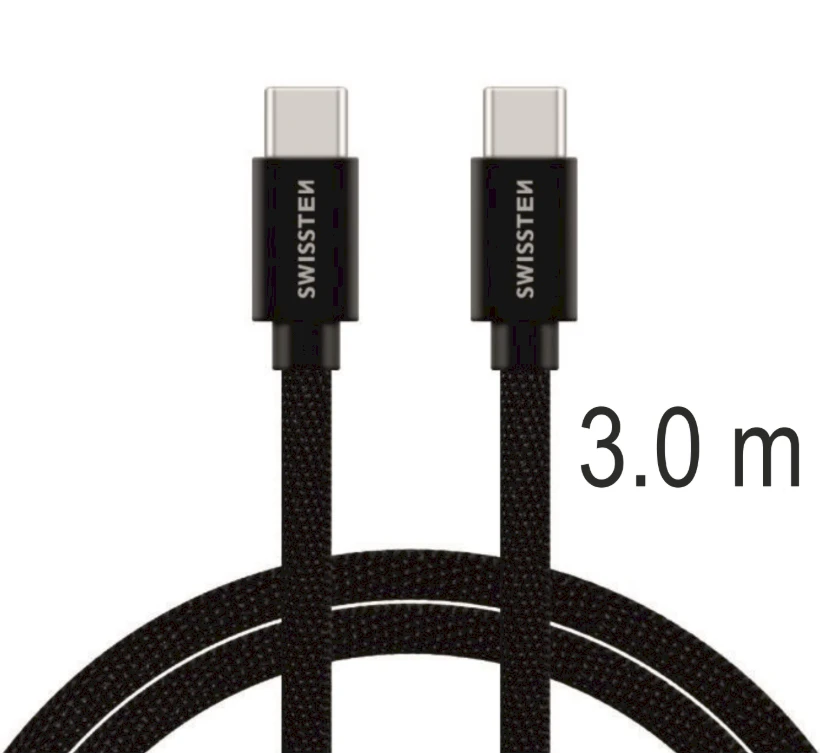 „Swissten Textile“ universalus greito įkrovimo 3.1 USB-C / USB-C duomenų ir įkrovimo laidas, 3 m, juodas