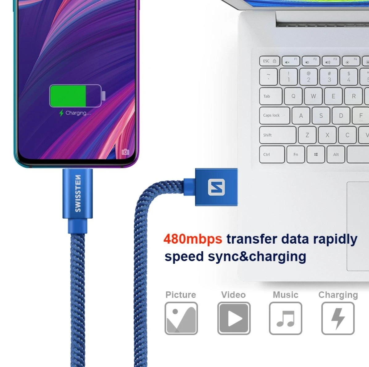 Swissten Textile Universal Quick Charge 3.1 USB-C duomenų ir įkrovimo laidas 1,2 m