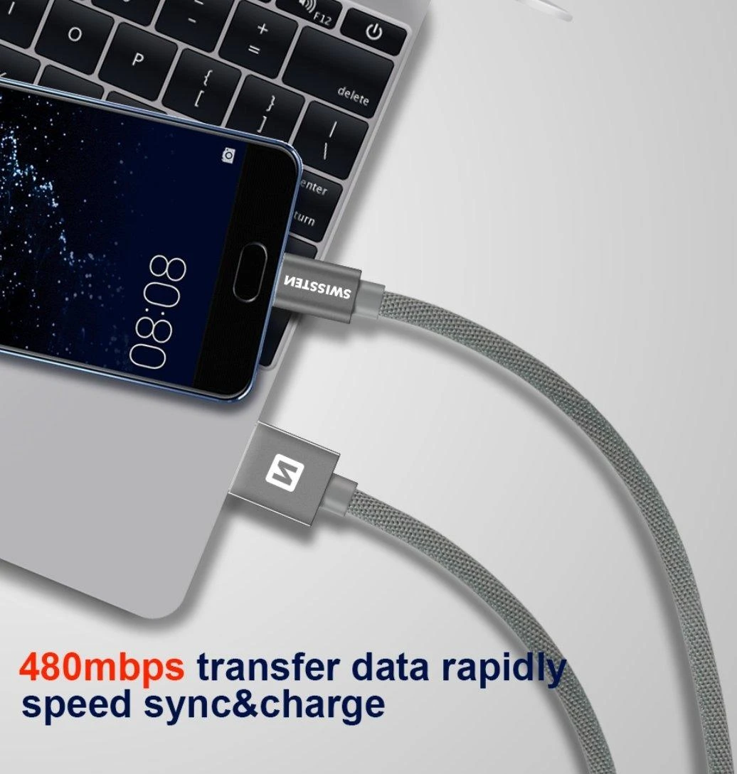 Swissten Textile Universal Quick Charge 3.1 USB-C duomenų ir įkrovimo laidas 1,2 m