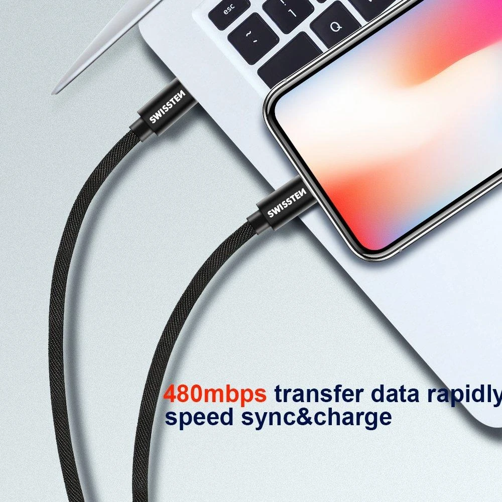 „Swissten Textile“ universalus greitas įkrovimas 3.1 USB-C su „Lightning Data“ ir 1,2 m įkrovimo laidas