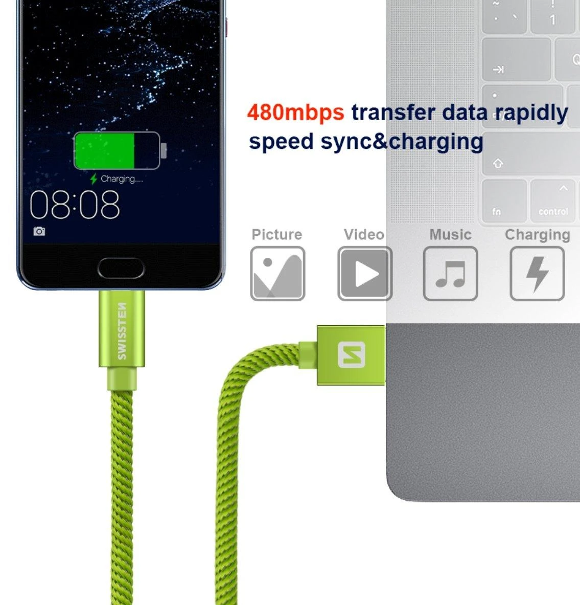 Swissten Textile Universal Quick Charge 3.1 USB-C duomenų ir įkrovimo laidas 1,2 m