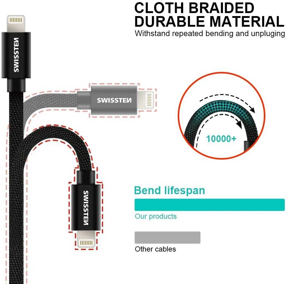 Swissten tekstylny USB-C - Lightning mFi 1.2m juoda