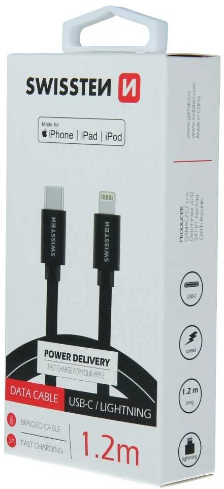 Swissten tekstylny USB-C - Lightning mFi 1.2m juoda