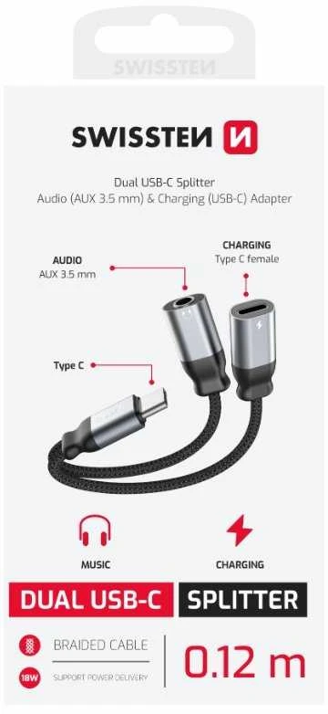 „Swissten Textile“ USB-C / USB-C / Aux 3,5 mm įkrovimo garso adapteris, 0,12 m