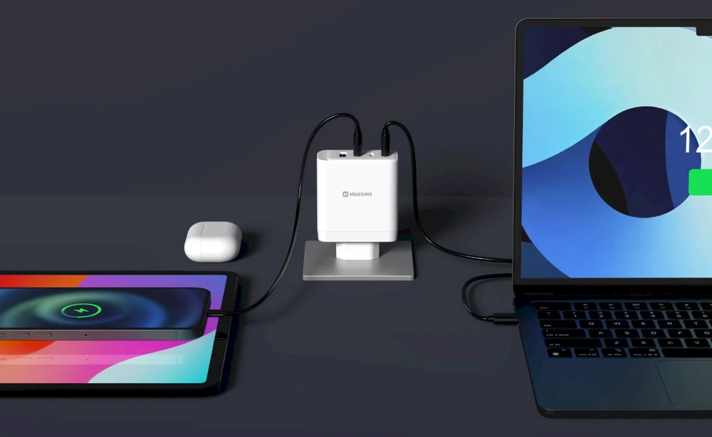 Įkroviklis Swissten SWISSTEN tinklo adapteris CORE GaN 100W, 4 prievadų, 2x USB-C PD 100W + 1x USB-C PD 20W + 1x US