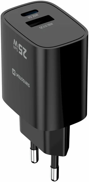 „Swissten“ kelioninis įkroviklis „Edge GaN USB-A 18W / USB-C 25W“, juodas