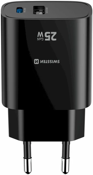 „Swissten“ kelioninis įkroviklis „Edge GaN USB-A 18W / USB-C 25W“, juodas