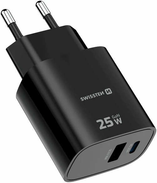 „Swissten“ kelioninis įkroviklis „Edge GaN USB-A 18W / USB-C 25W“, juodas