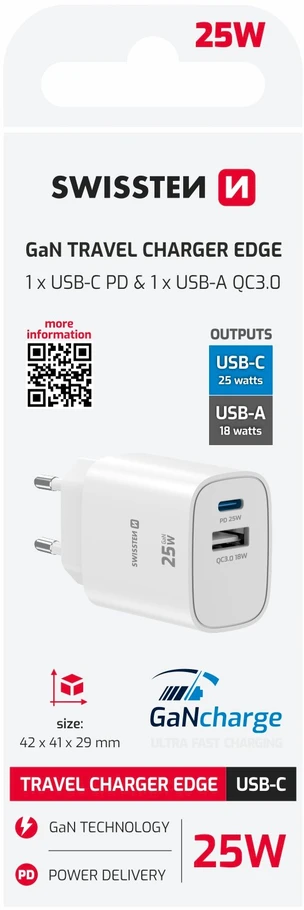 „Swissten“ kelioninis įkroviklis „Edge GaN USB-A 18W / USB-C 25W“, juodas