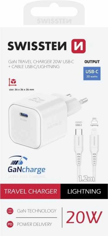 „Swissten“ kelioninis įkroviklis GaN USB-C 20 W PD + duomenų kabelis USB-C – „Lightning“ 1,2 m