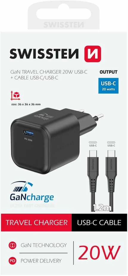 SWISSTEN Síťový adaptér GaN USB-C + datový kabelis USB-C - USB-C 1.2m juoda
