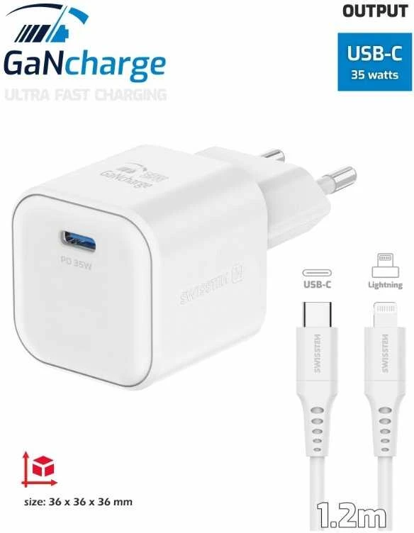 „Swissten“ kelioninis įkroviklis GaN USB-C 35 W PD + duomenų kabelis USB-C – „Lightning“ 1,2 m