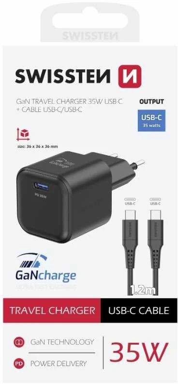 „Swissten“ kelioninis įkroviklis GaN USB-C 35 W PD + duomenų kabelis USB-C - USB-C 1,2 m