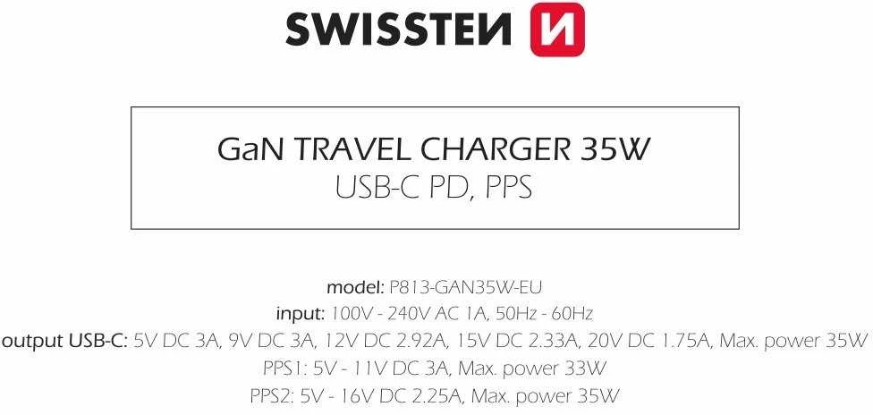 Swissten Kelioninis įkroviklis GaN USB-C 35W PD