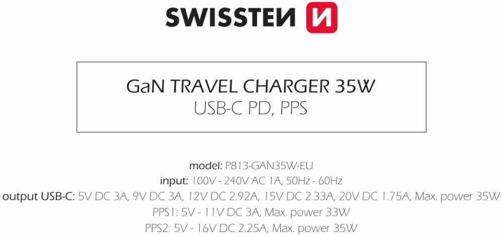 Swissten Kelioninis įkroviklis GaN USB-C 35W PD