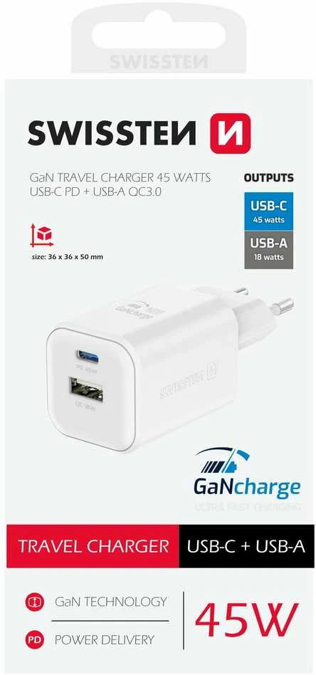 Swissten kelioninis įkroviklis GaN USB-C / PD USB-A / 18W QC / 45W