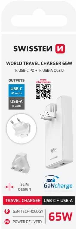 Įkroviklis Swissten Swissten Travel Charger GaN USB-C / USB 65W
