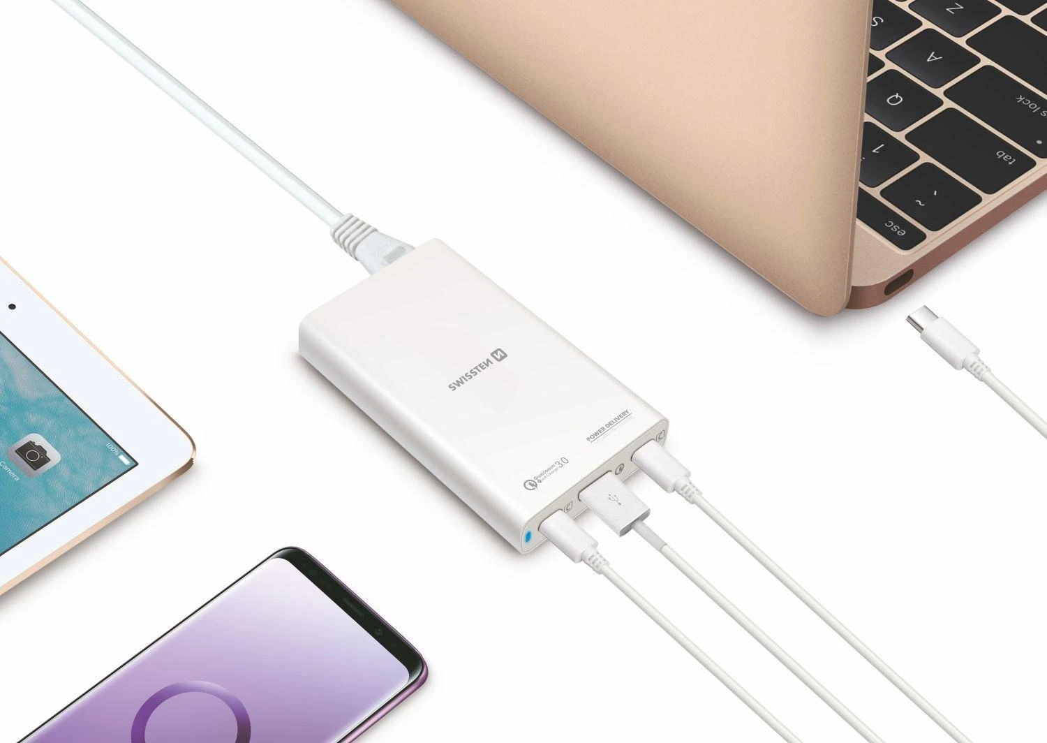Įkroviklis Swissten 1x USB-A 2x USB-C 3 A (22013345)