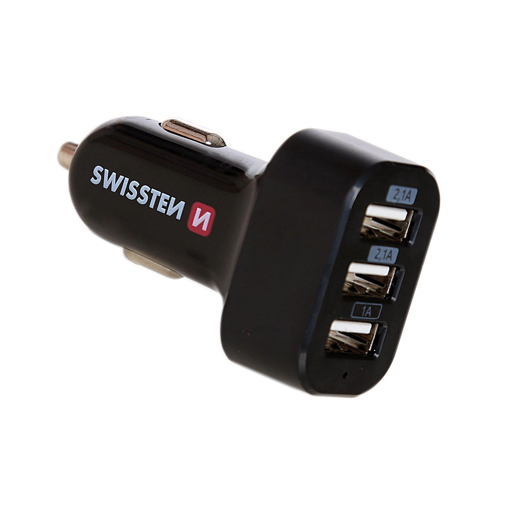 Juodas trijų jungčių automobilinis USB kroviklis