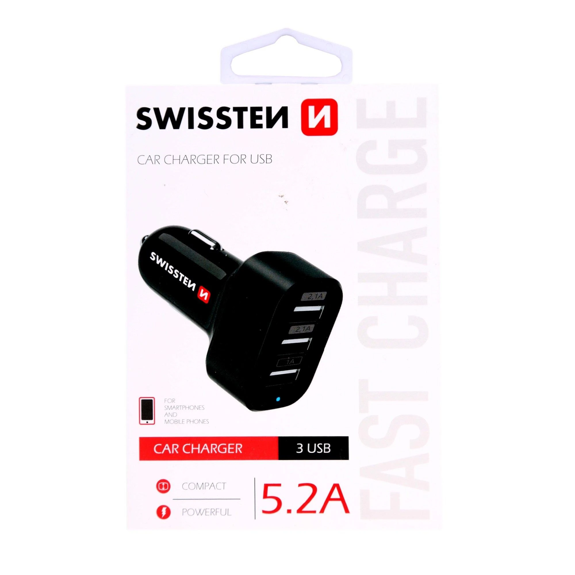 Swissten trijų lizdų automobilinis pakrovėjas originalioje pakuotėje