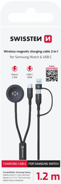 „Swissten“ belaidis 2in1 įkrovimo laidas, skirtas „Samsung Galaxy Watch“ / 2x USB-C / USB 1.2m