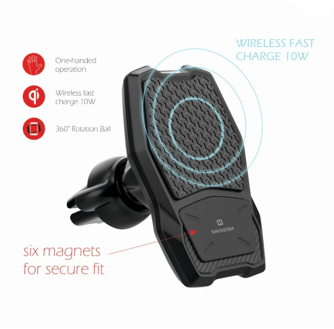 Swissten WM1-AV3 oro ventiliacinis automobilio laikiklis su belaidžiu įkrovimu + 1,2 m mikro USB laidu