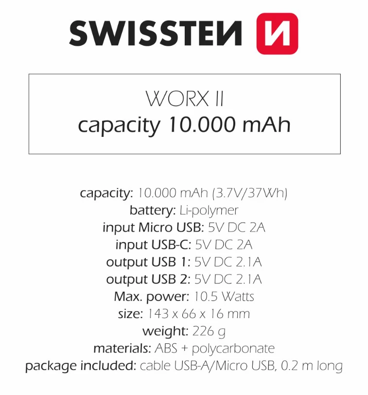 Powerbank Swissten Swissten Power Bank Worx II 10000 mAh