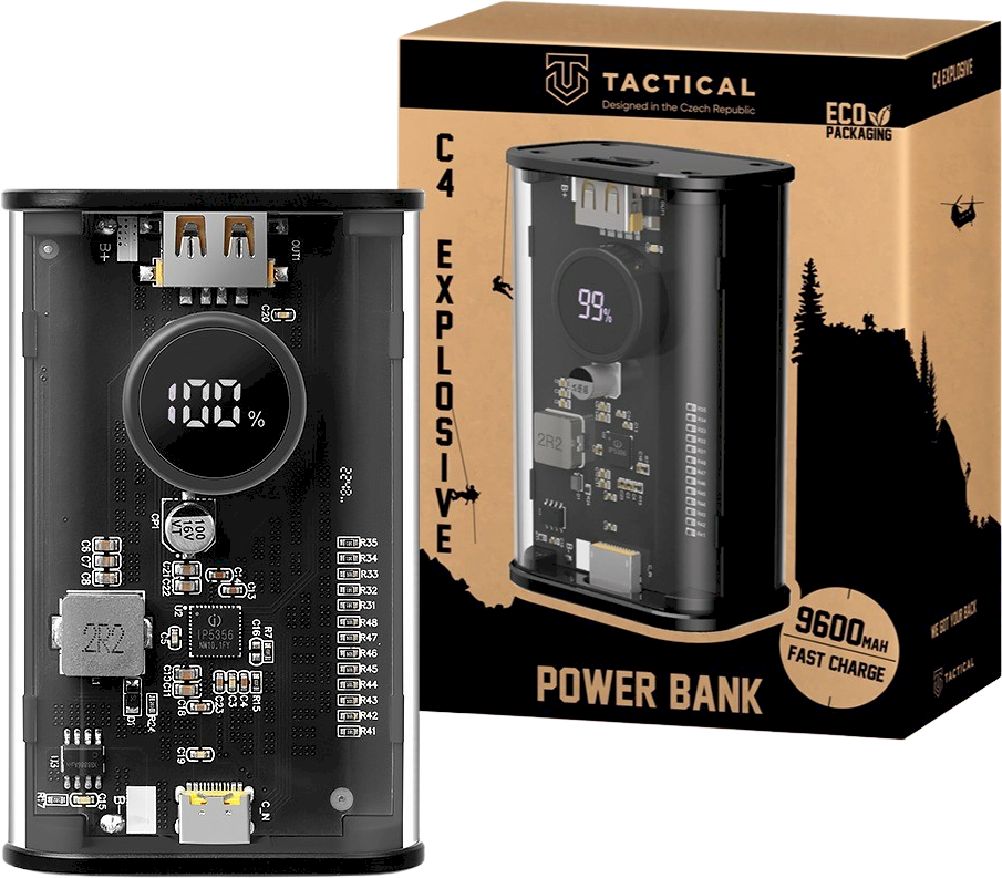 Tactical C4 Explosive 9600mAh PowerBank – išorinis maitinimo šaltinis su sparčiu įkrovimu juodos spalvos