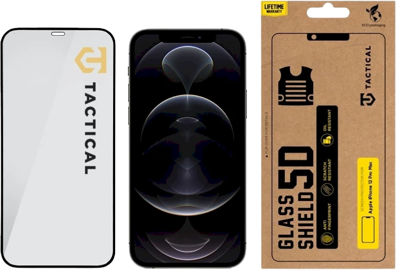 Tactical apsauginis stiklas Shield 5D skirtas Apple iPhone 12 Pro Max su juodos spalvos krašteliu