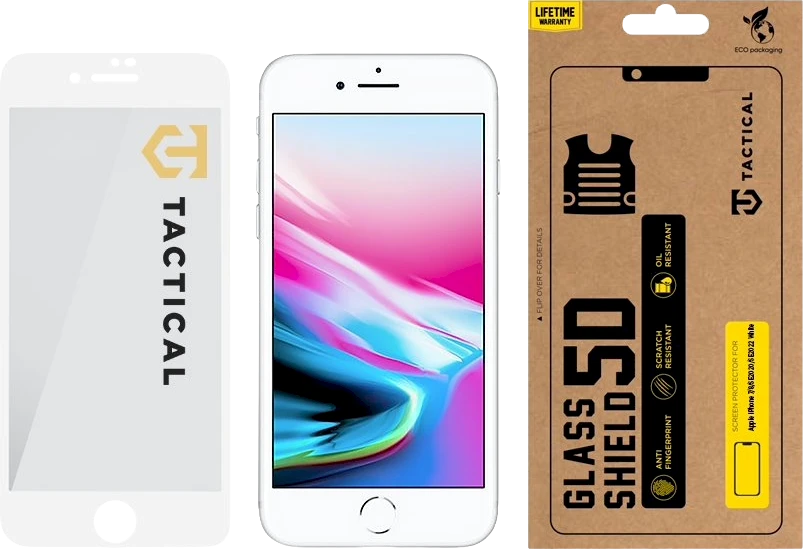 Tactical apsauginis stiklas Shield 5D skirtas Apple iPhone 7/8/SE2020/SE2022 su baltos spalvos krašteliu