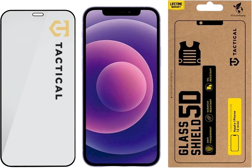 Tactical apsauginis stiklas Shield 5D skirtas Apple iPhone 12 mini su juodos spalvos krašteliu