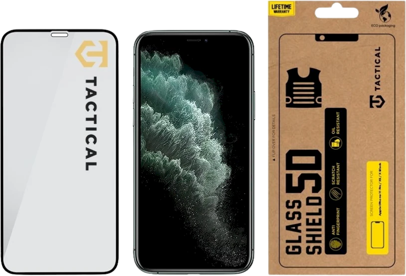 Tactical apsauginis stiklas Shield 5D skirtas Apple iPhone 11 Pro/ XS/ X su juodos spalvos krašteliu