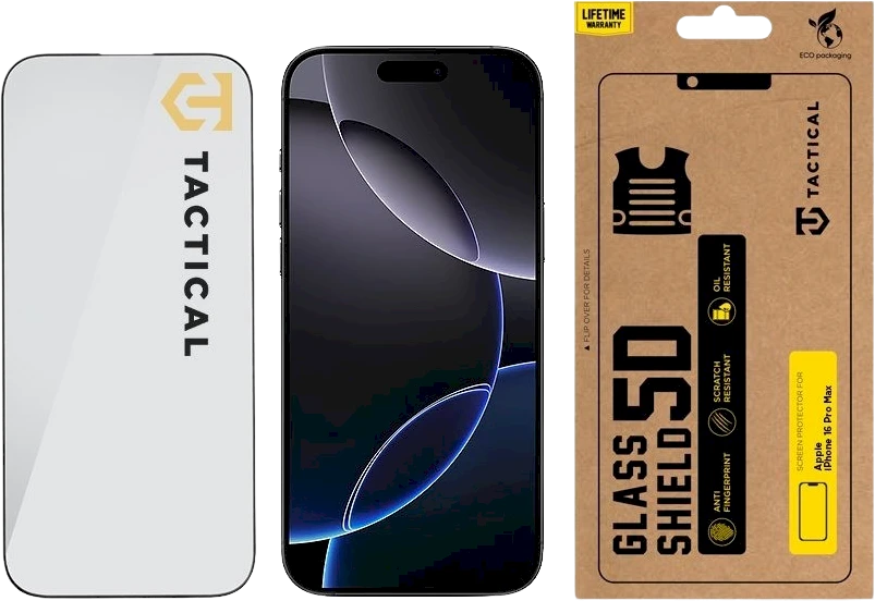 Tactical apsauginis stiklas Shield 5D skirtas Apple iPhone 16 Pro Max su juodos spalvos krašteliu