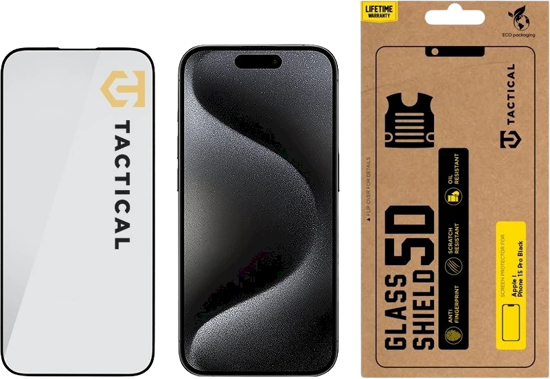 Tactical apsauginis stiklas Shield 5D skirtas Apple iPhone 15 Pro su juodos spalvos krašteliu