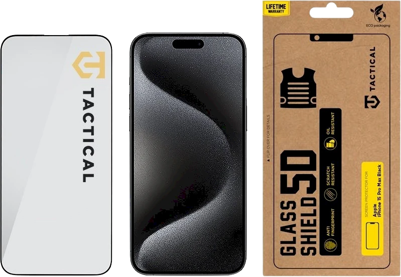 Tactical apsauginis stiklas Shield 5D skirtas Apple iPhone 15 Pro Max su juodos spalvos krašteliu