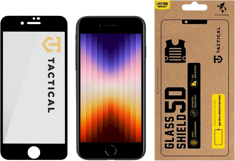 Tactical apsauginis stiklas Shield 5D skirtas Apple iPhone 7/8/SE2020/SE2022 su juodos spalvos krašteliu
