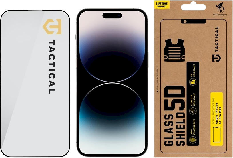Tactical apsauginis stiklas Shield 5D skirtas Apple iPhone 14 Pro Max su juodos spalvos krašteliu
