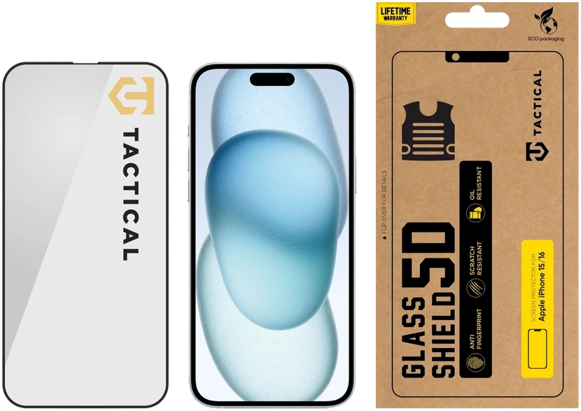 Tactical apsauginis stiklas Shield 5D skirtas Apple iPhone 15 su juodos spalvos krašteliu