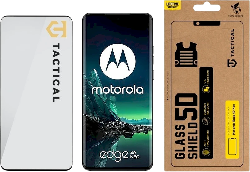 Tactical apsauginis stiklas Shield 5D skirtas Motorola Edge 40 Neo su juodos spalvos krašteliu